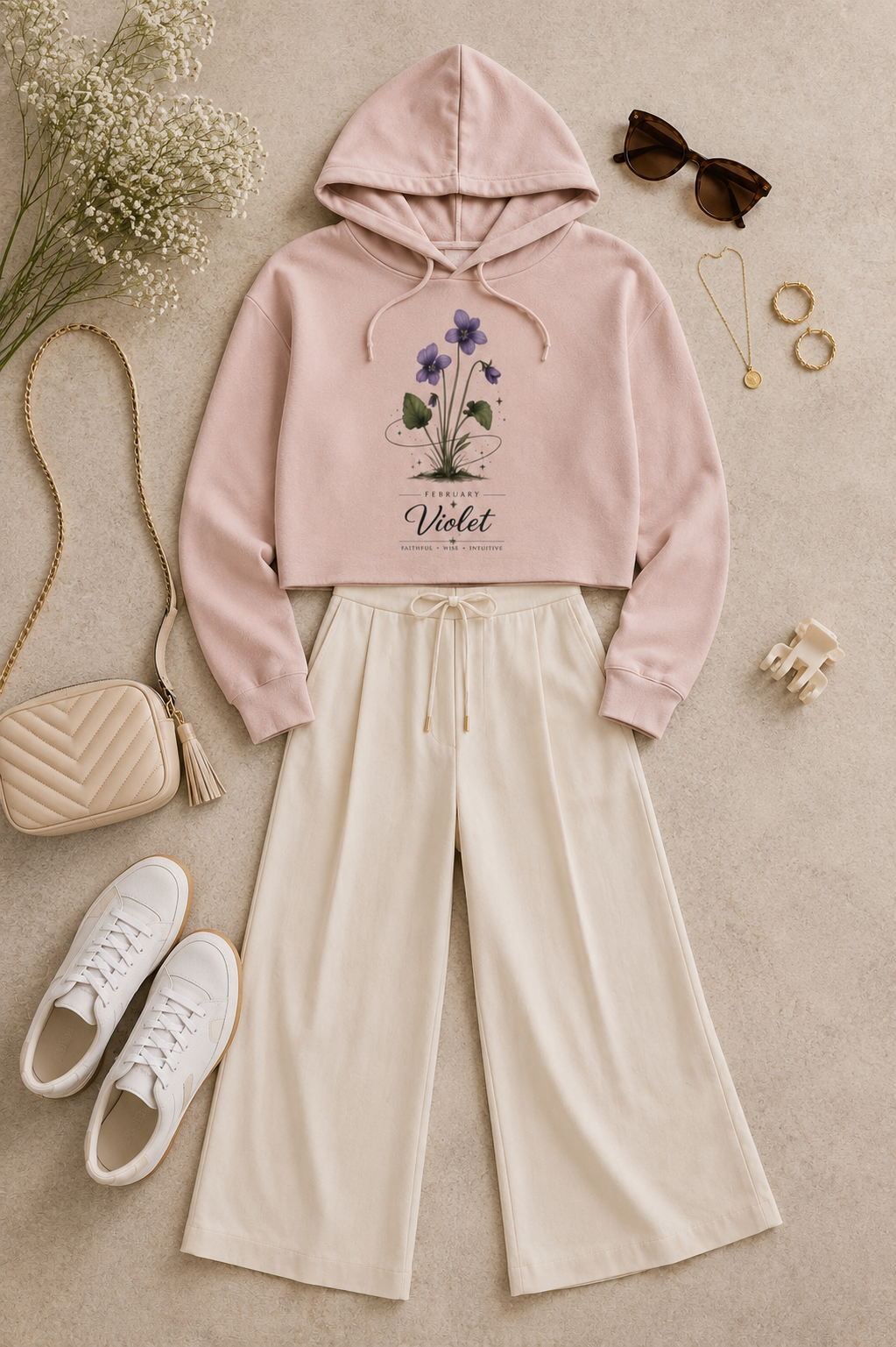 February Birth Flower Cropped Hooded Sweatshirt